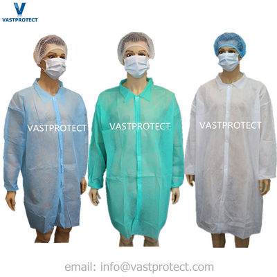Tissu non tissé SBPP, manteaux de laboratoire jetables avec boutons de fermeture, ruban adhésif en coton, manchette de tricot