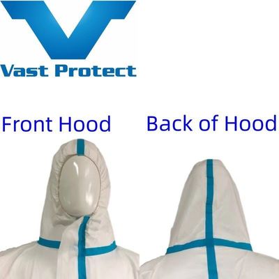 Vêtement à l'usage unique, à capuche blanche, à l'usage unique, à bande bleue, à capuche élastique, à micropore.