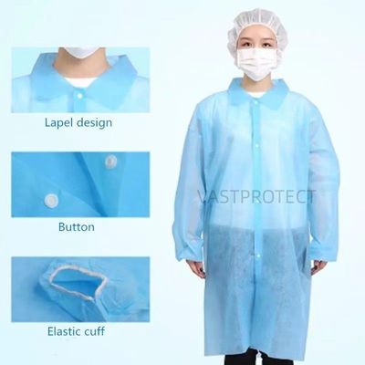 Manteau de laboratoire polypropylène jetable avec poignets élastiques et fermeture unisexe imperméable à l'eau